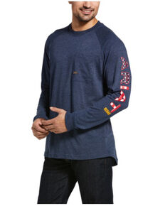 Ariat Men's Heather Navy Rebar Cottonstrong Stars & Stripes Logo Long Sleeve Work Pocket T-Shirt , Navy, hi-res