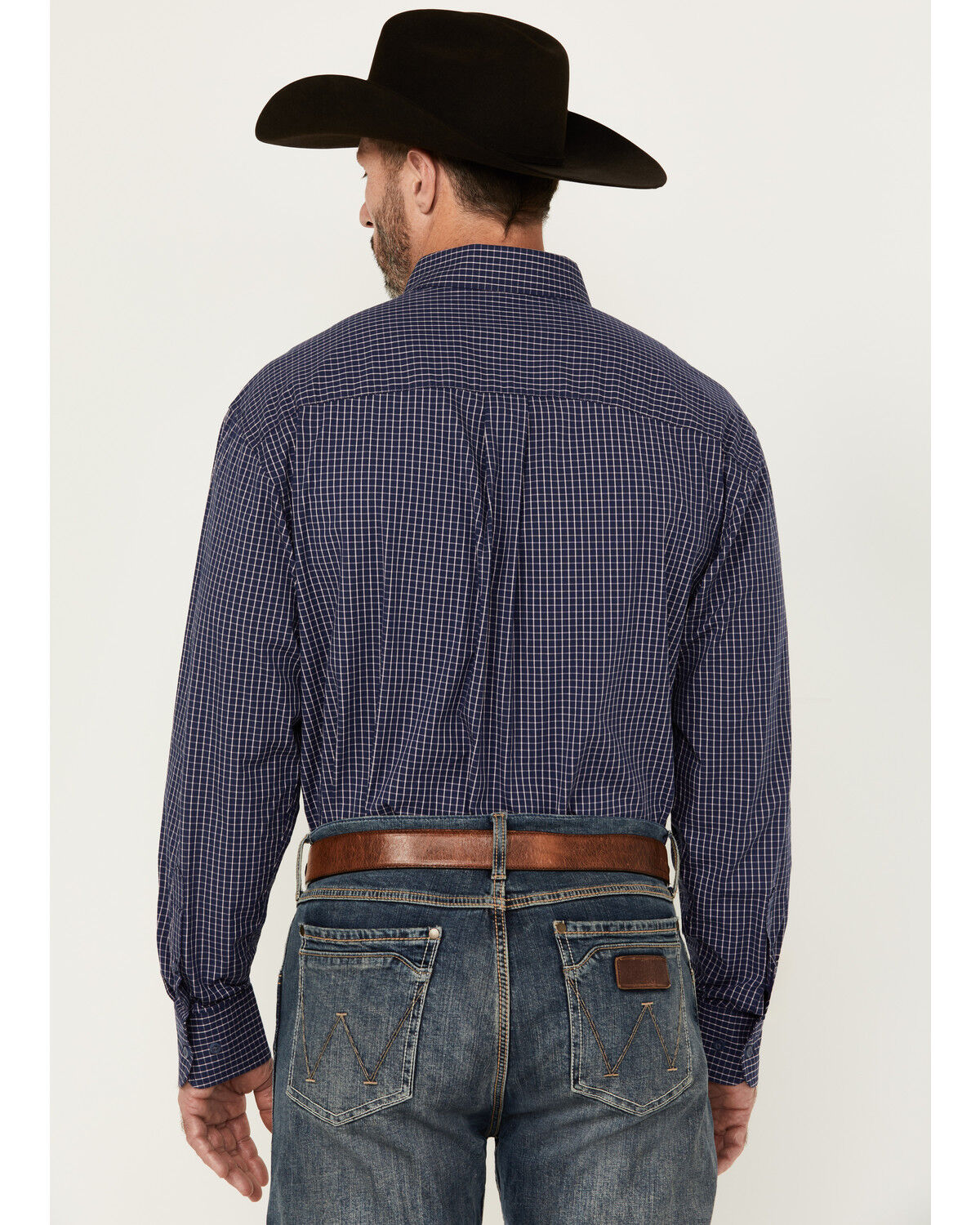 Image #4 - George Strait By Wrangler Men's Plaid Print Long Sleeve Button-Down Stretch Western Shirt, Navy, hi-res