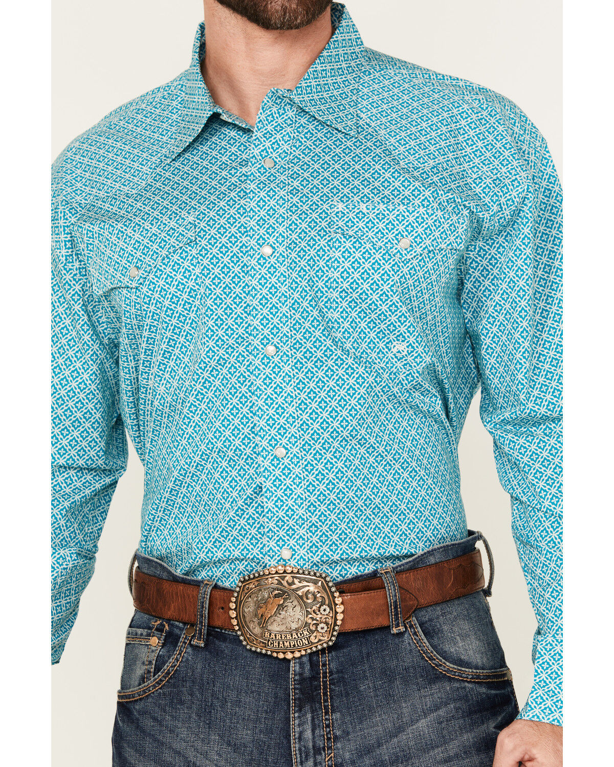 Image #3 - Roper Men's Amarillo Geo Print Long Sleeve Snap Stretch Western Shirt, Teal, hi-res