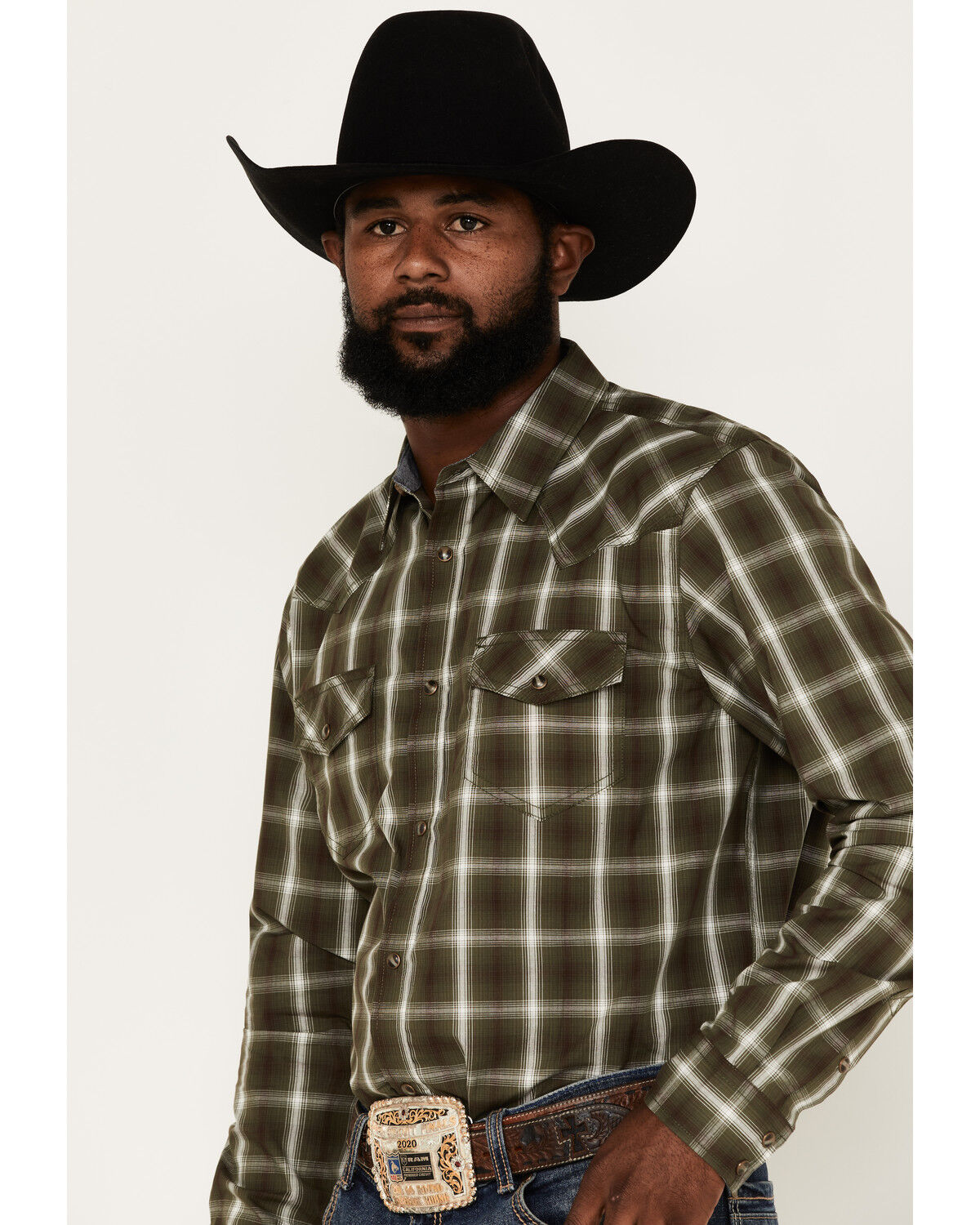 Image #2 - Cody James Men's Lost Trail Plaid Print Long Sleeve Snap Western Shirt, Olive, hi-res
