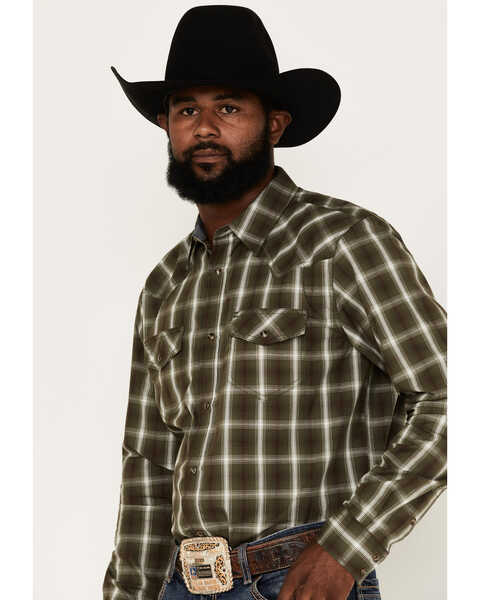 Image #2 - Cody James Men's Lost Trail Plaid Print Long Sleeve Snap Western Shirt , Olive, hi-res