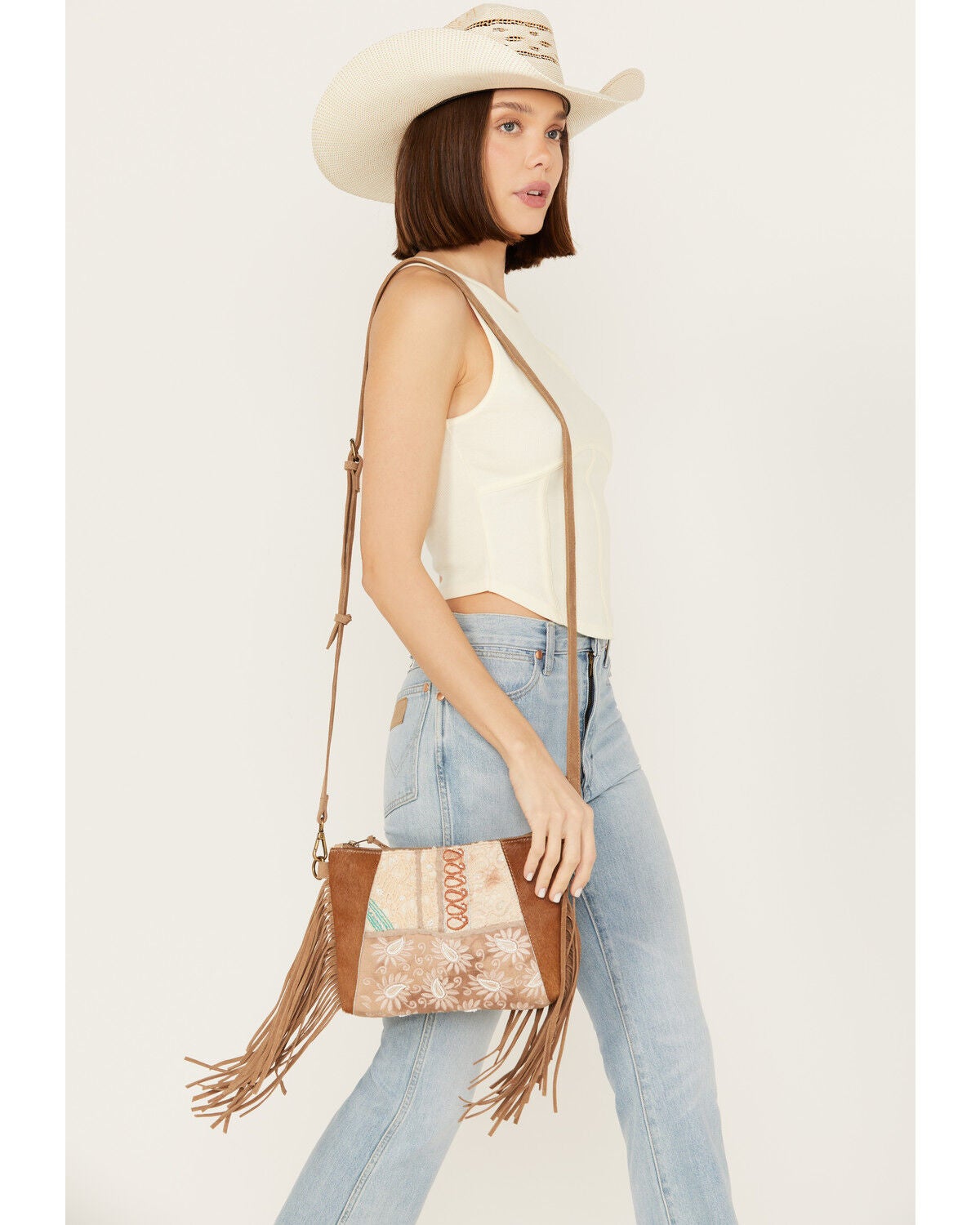 Shyanne Women's Boho Patched Crossbody Bag, Tan, hi-res