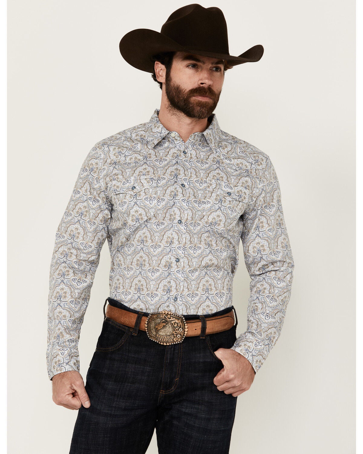 Cody James Men's Railroad Paisley Print Long Sleeve Snap Western Shirt, Cream, hi-res