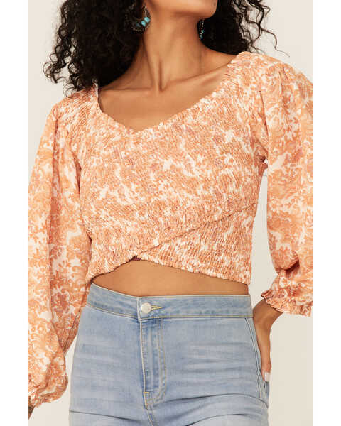 Image #3 - Flying Tomato Women's Criss Cross Smocked Long Sleeve Crop Top, Ivory, hi-res