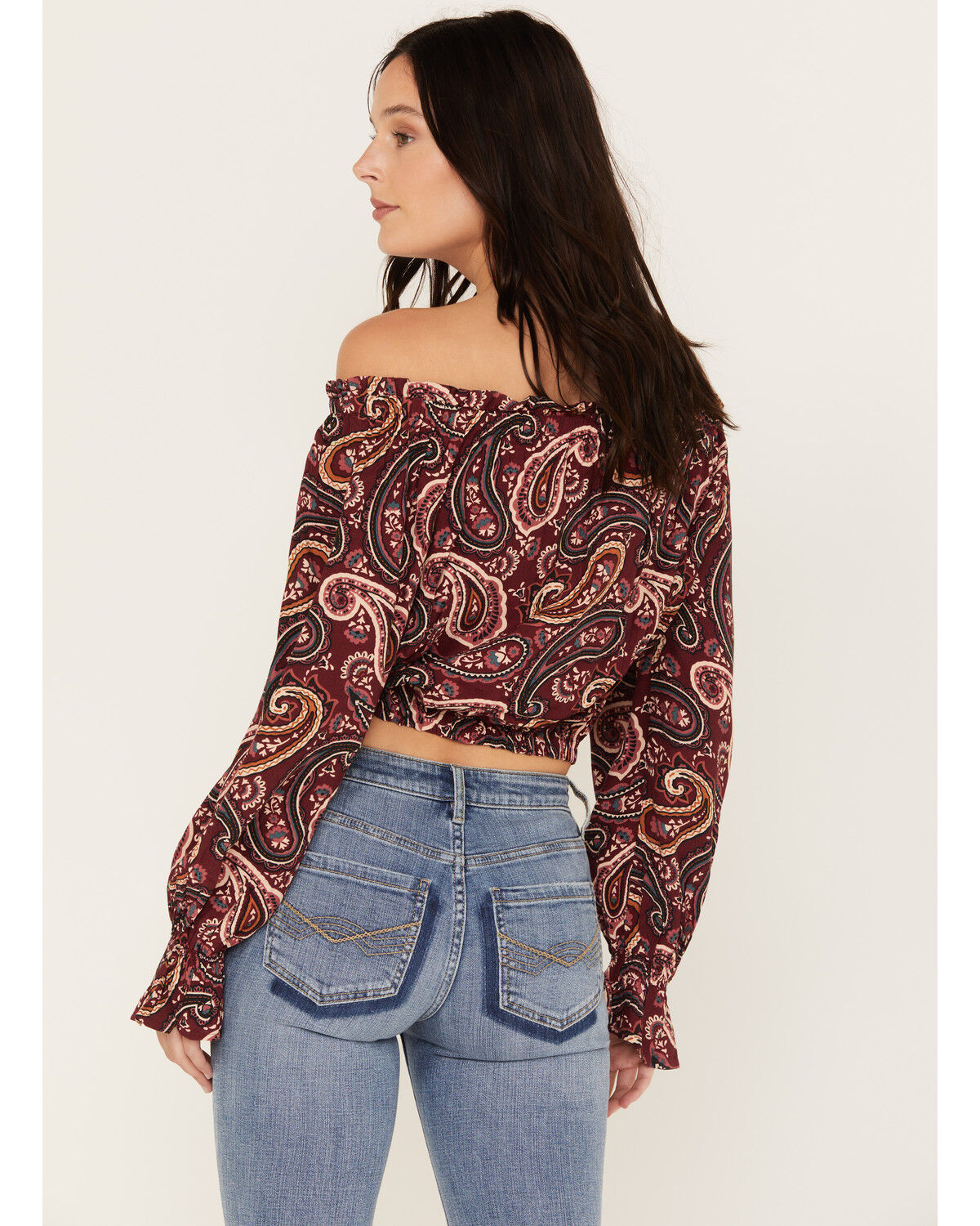 Image #4 - Wrangler Retro Women's Off The Shoulder Cropped Blouse, Burgundy, hi-res