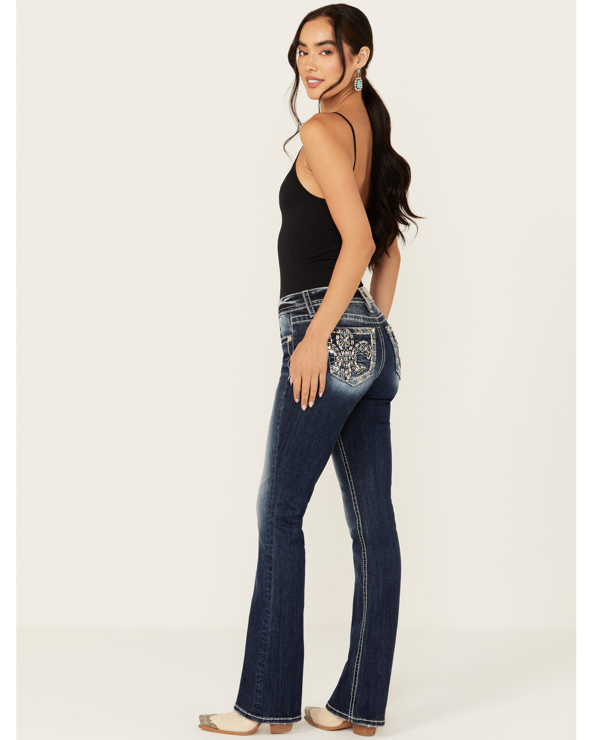 Image #1 - Miss Me Women's Dark Wash Fleur de Lis Bootcut Stretch Denim Jeans, Dark Wash, hi-res