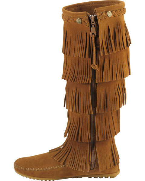 Minnetonka Fringed Suede Leather Boots, Brown, hi-res