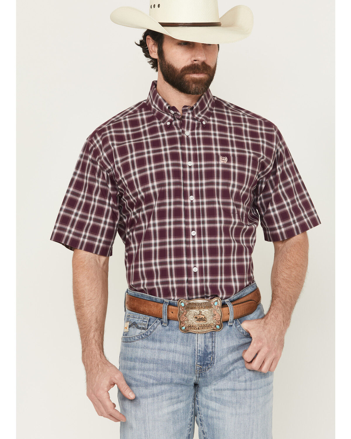 Image #1 - Cinch Men's Plaid Print Short Sleeve Button-Down Western Shirt - Big, Purple, hi-res