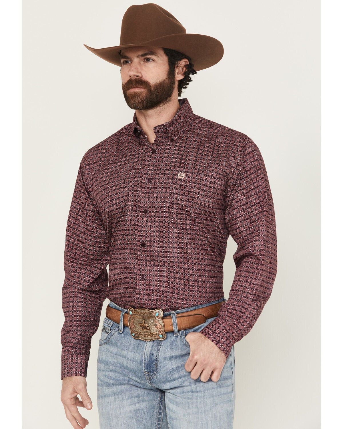 Cinch Men's Floral Print Long Sleeve Button-Down Western Shirt, Purple, hi-res