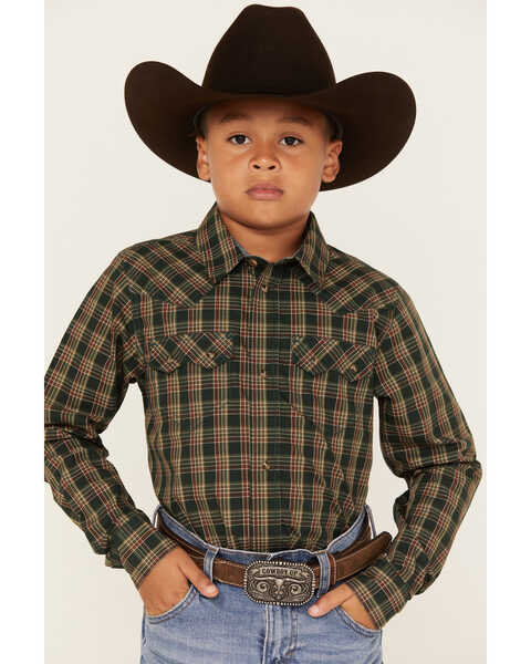 Cody James Boys' Douglas Fir Plaid Print Long Sleeve Snap Western Shirt, Green, hi-res