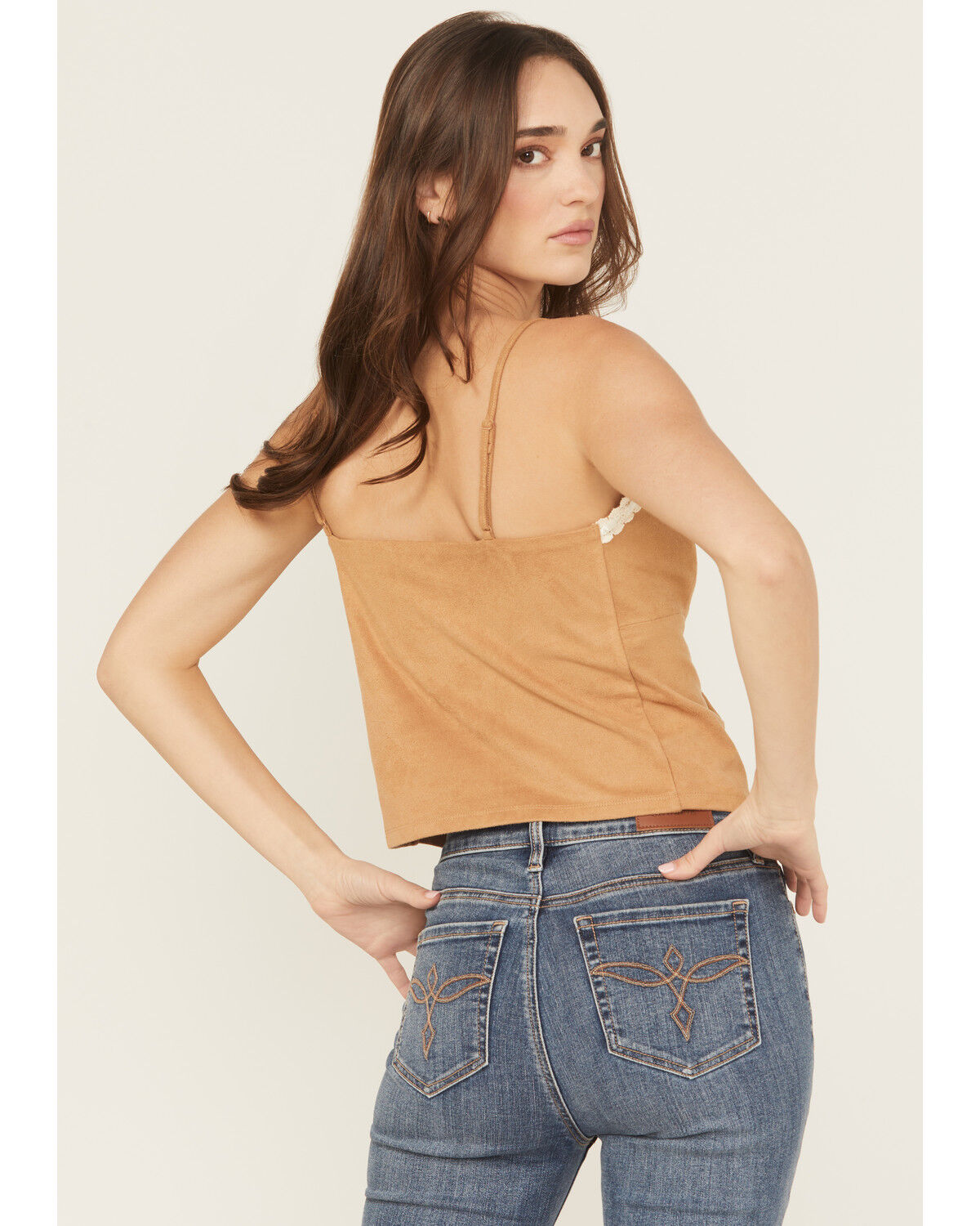Image #4 - Originality Women's Faux Suede Lace Trim Tank Top, Camel, hi-res