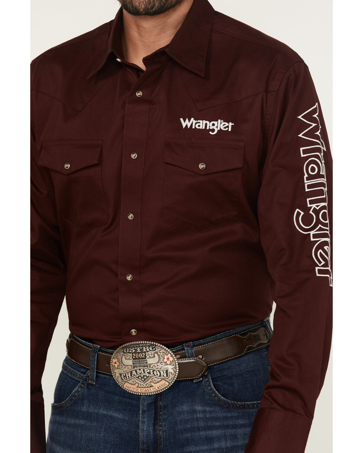 Image #3 - Wrangler Men's Logo Solid Long Sleeve Snap Western Shirt, Wine, hi-res