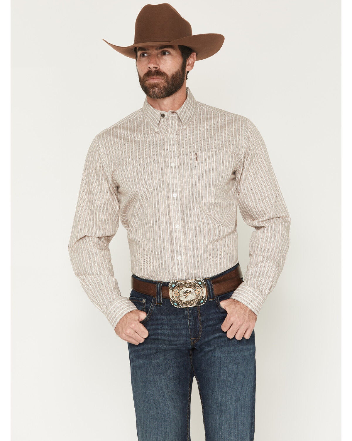 Cinch Men's Modern Fit Striped Long Sleeve Button-Down Western Shirt, Cream, hi-res