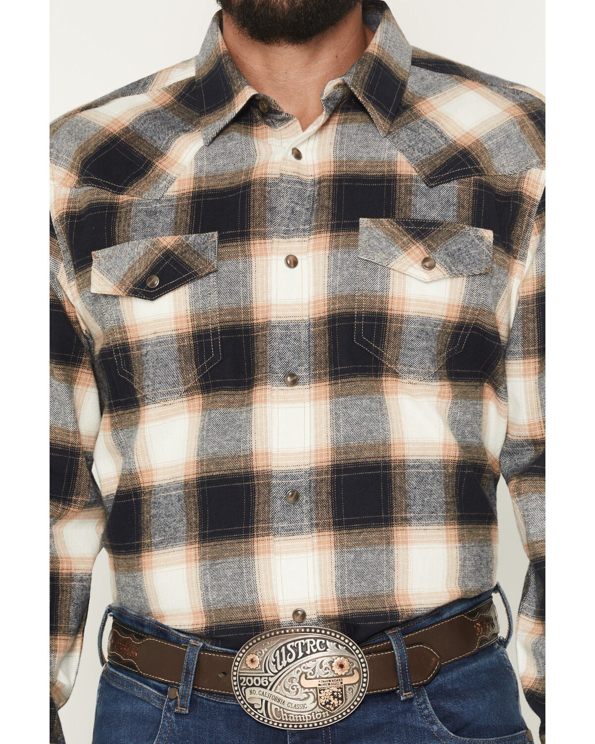 Image #3 - Cody James Men's Bull Rider Plaid Print Long Sleeve Snap Flannel Shirt, Tan, hi-res