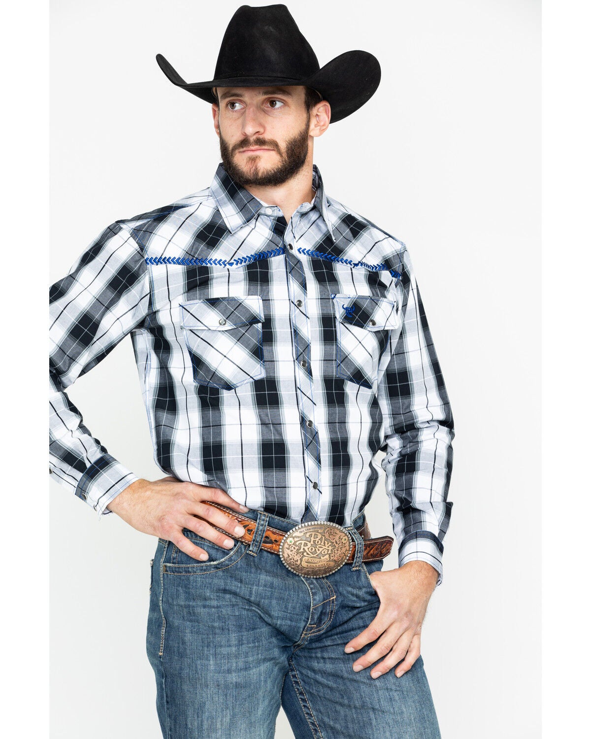 Block Plaid Long Sleeve Western Shirt 