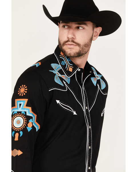 Image #2 - Scully Men's Phoenix Embroidered Retro Long Sleeve Western Shirt , Black, hi-res
