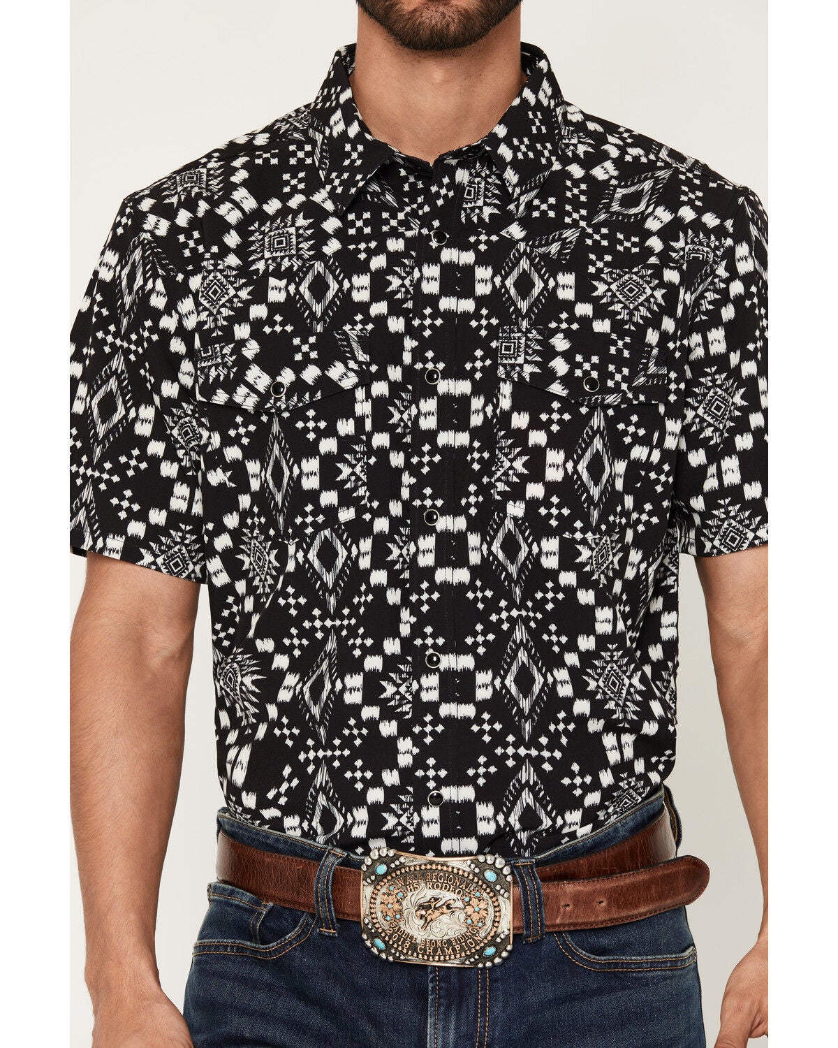 Image #3 - RANK 45&reg; Men's Zig Man Southwestern Print Rodeo Tech 2.0 Short Sleeve Snap Stretch Western Shirt, Black, hi-res