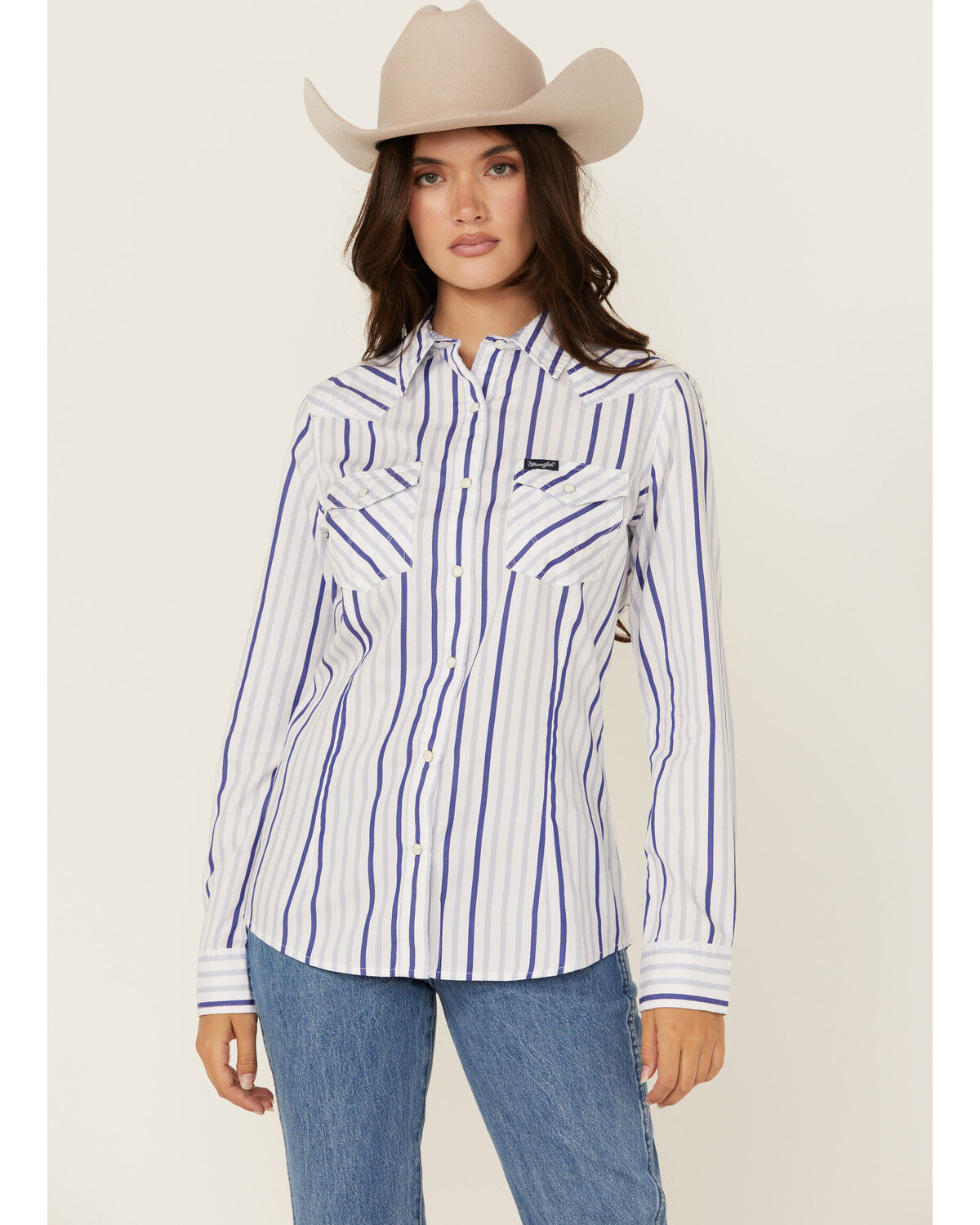 Image #1 - Wrangler Retro Women's Striped Print Long Sleeve Snap Western Shirt, Blue, hi-res