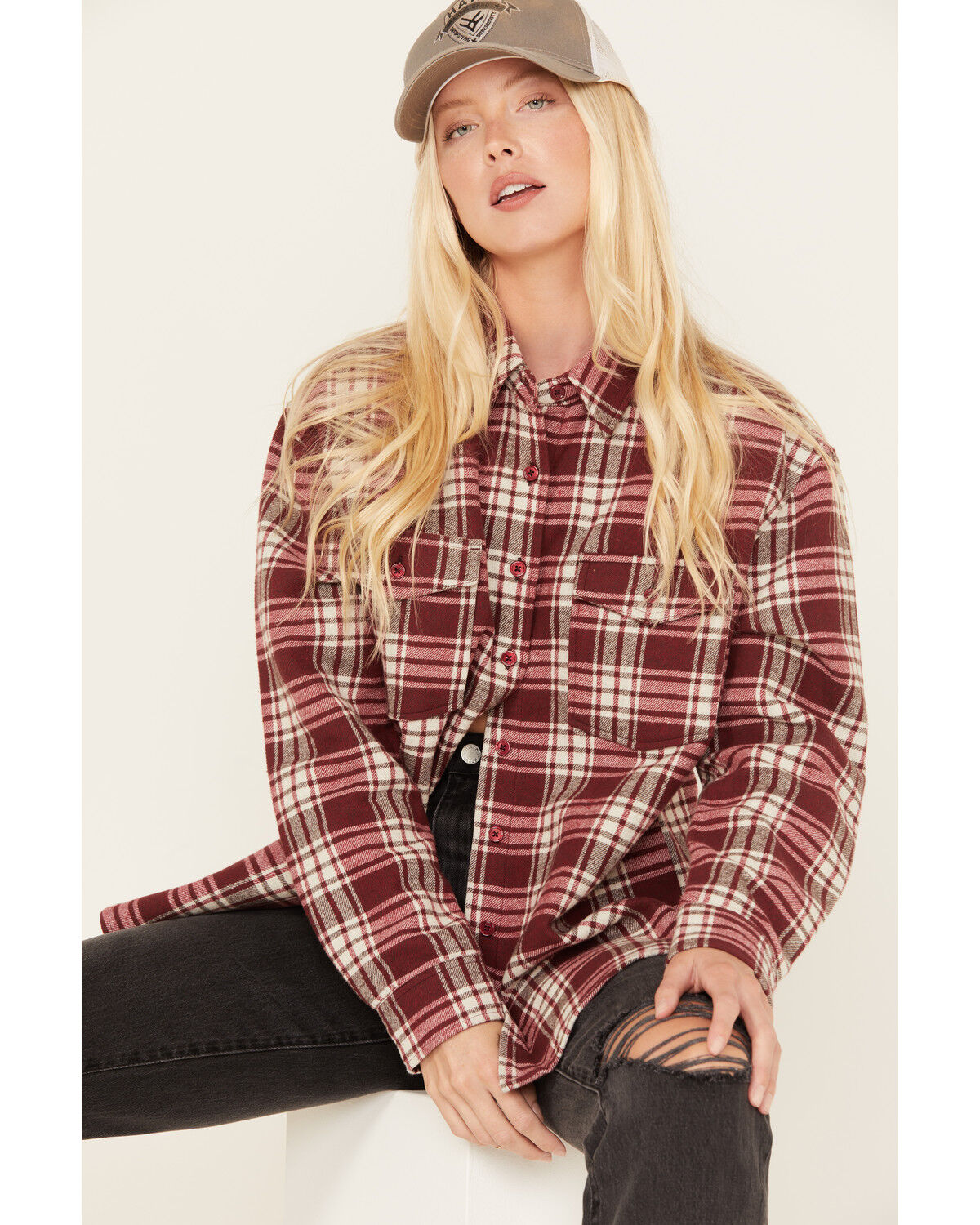 Image #1 - Cleo + Wolf Women's Plaid Print Long Sleeve Button-Down Oversized Shacket, Ruby, hi-res