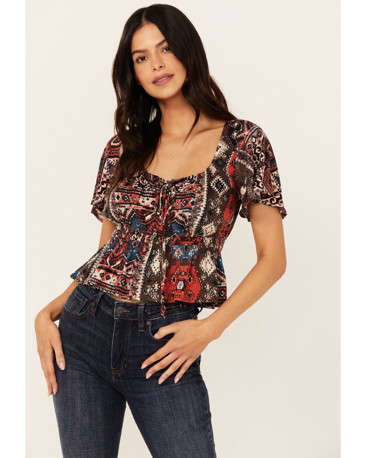 Idyllwind Women's Stirrup Print Short Sleeve Cropped Shirt, Black, hi-res