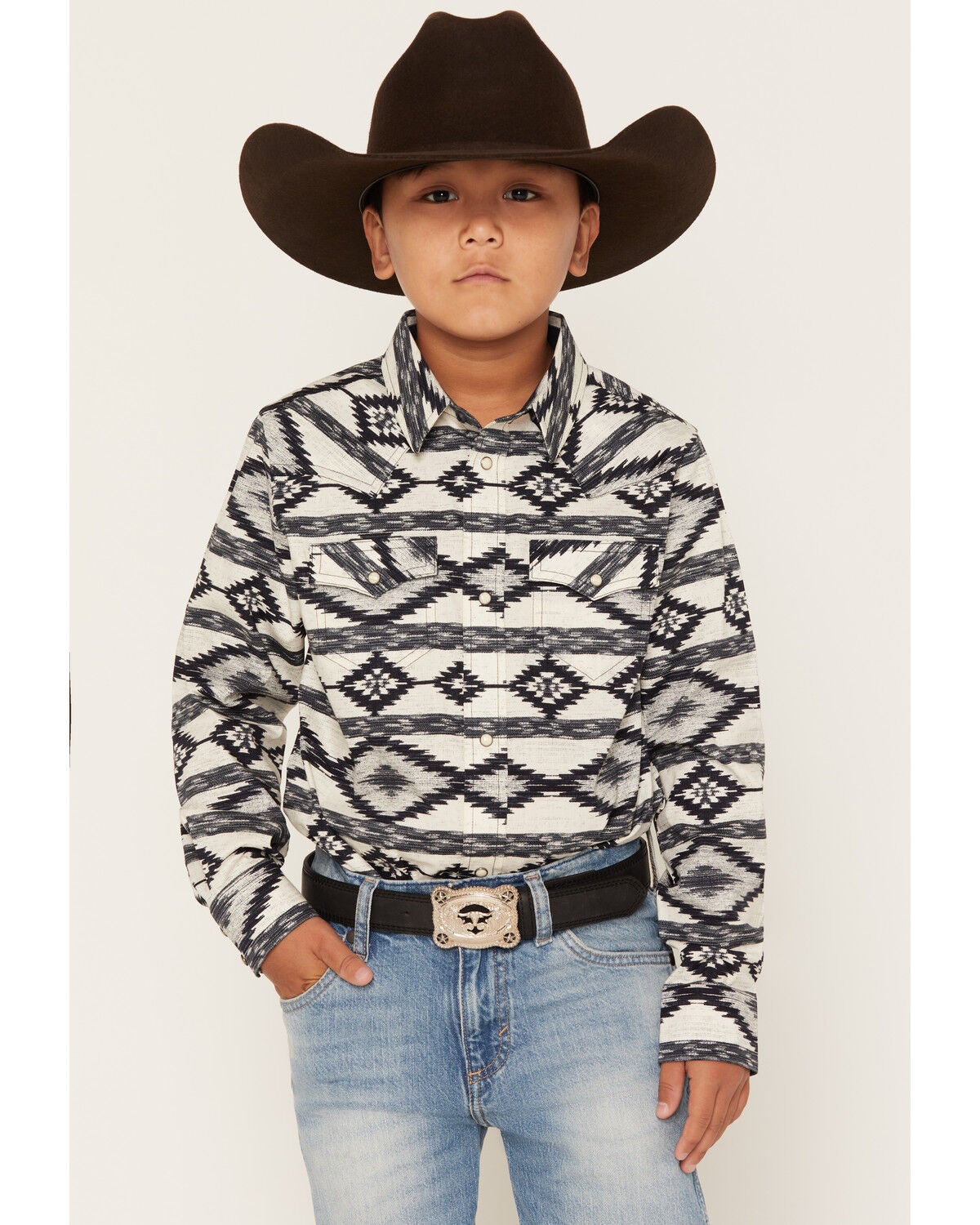 Image #1 - Cody James Boys' Tiki Room Southwestern Striped Long Sleeve Snap Stretch Western Shirt, Blue, hi-res
