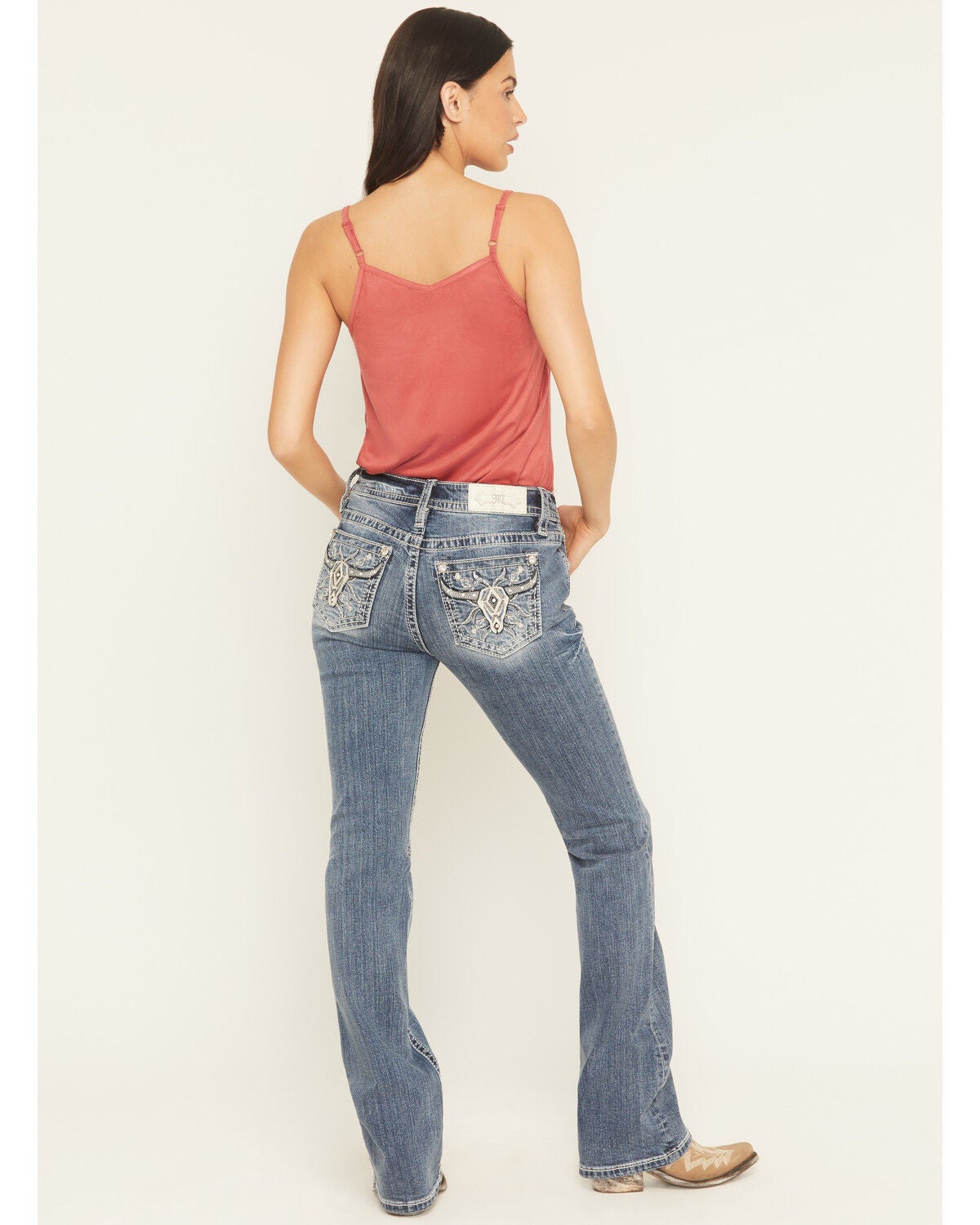 Miss Me Women's Medium Wash Mid Rise Cow Skull Pocket 34" Bootcut Stretch Denim Jeans, Medium Wash, hi-res