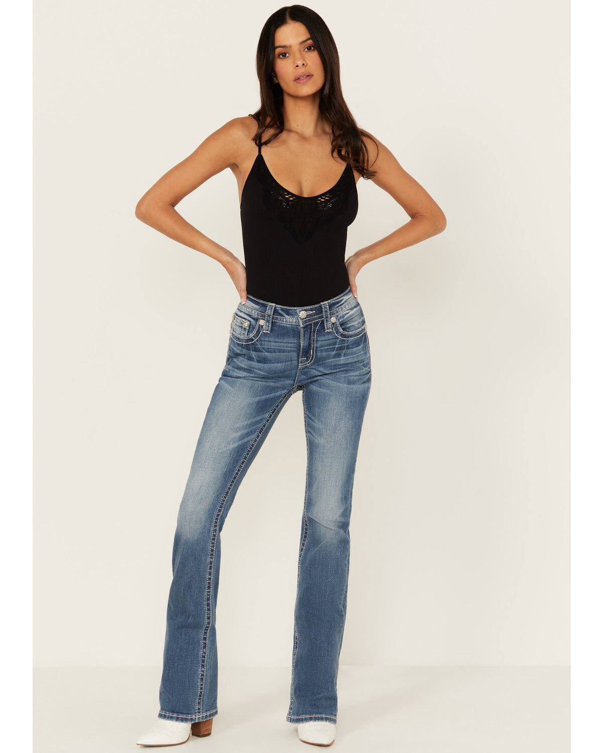 Image #3 - Miss Me Women's Medium Wash Mid Rise Floral Pocket Bootcut Stretch Denim Jeans, , hi-res