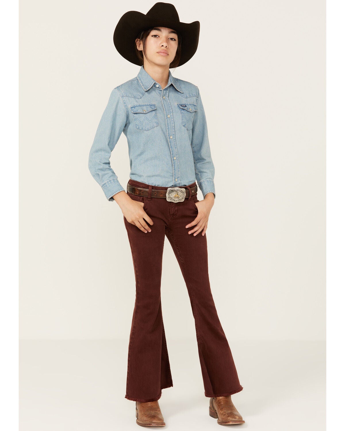Image #1 - Shyanne Girls' Pull-on Stretch Flare Jeans, Mahogany, hi-res