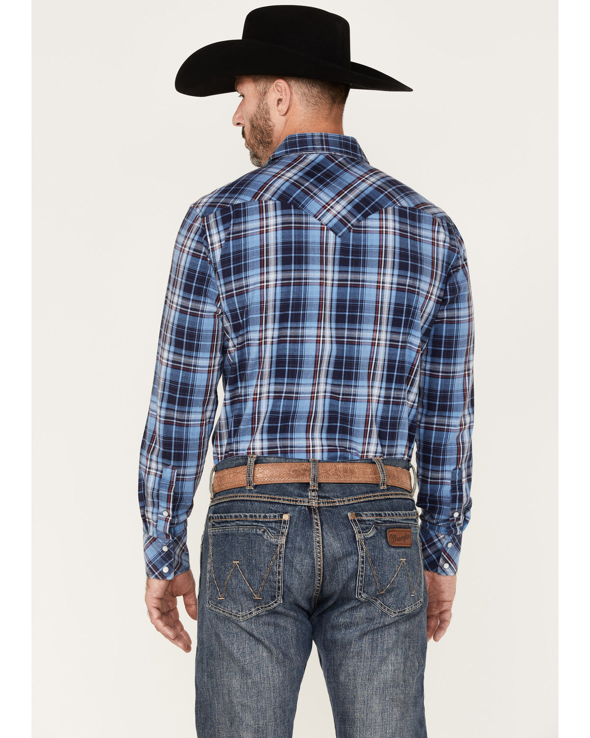 Image #4 - Rock & Roll Denim Men's Medium Plaid Stretch Long Sleeve Pearl Snap Shirt, Blue, hi-res