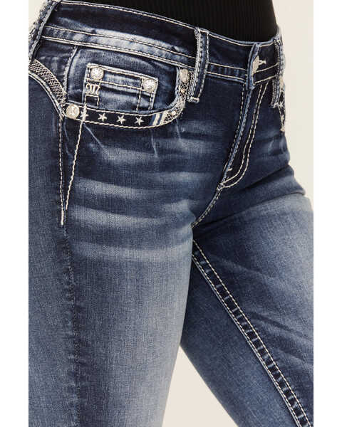 Image #4 - Miss Me Women's Dark Wash Low Rise Tonal Americana Border Bootcut Jeans, Dark Wash, hi-res