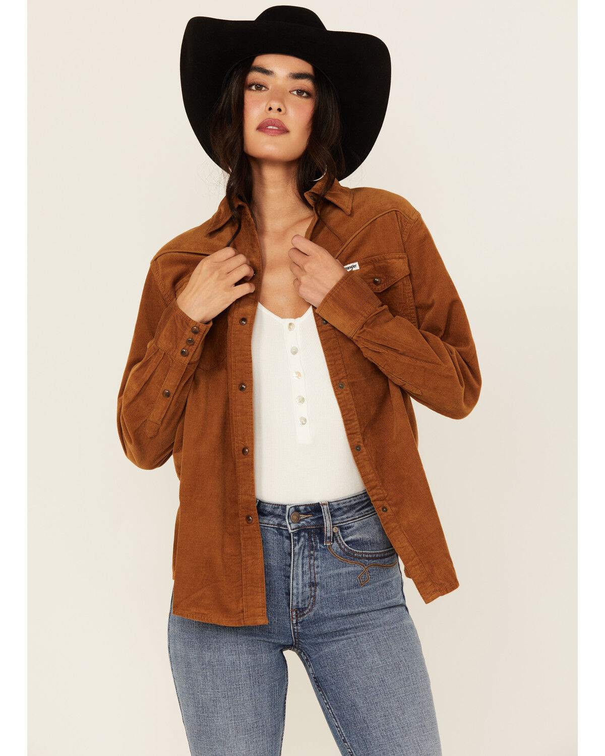 Image #1 - Wrangler Women's Solid Corduroy Long Sleeve Snap Western Shirt, Brown, hi-res