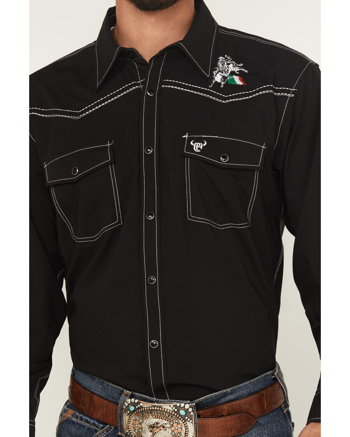 Image #3 - Cowboy Hardware Men's Boot Barn Exclusive Mexico Flag And Bull Long Sleeve Snap Stretch Western Shirt, Black, hi-res