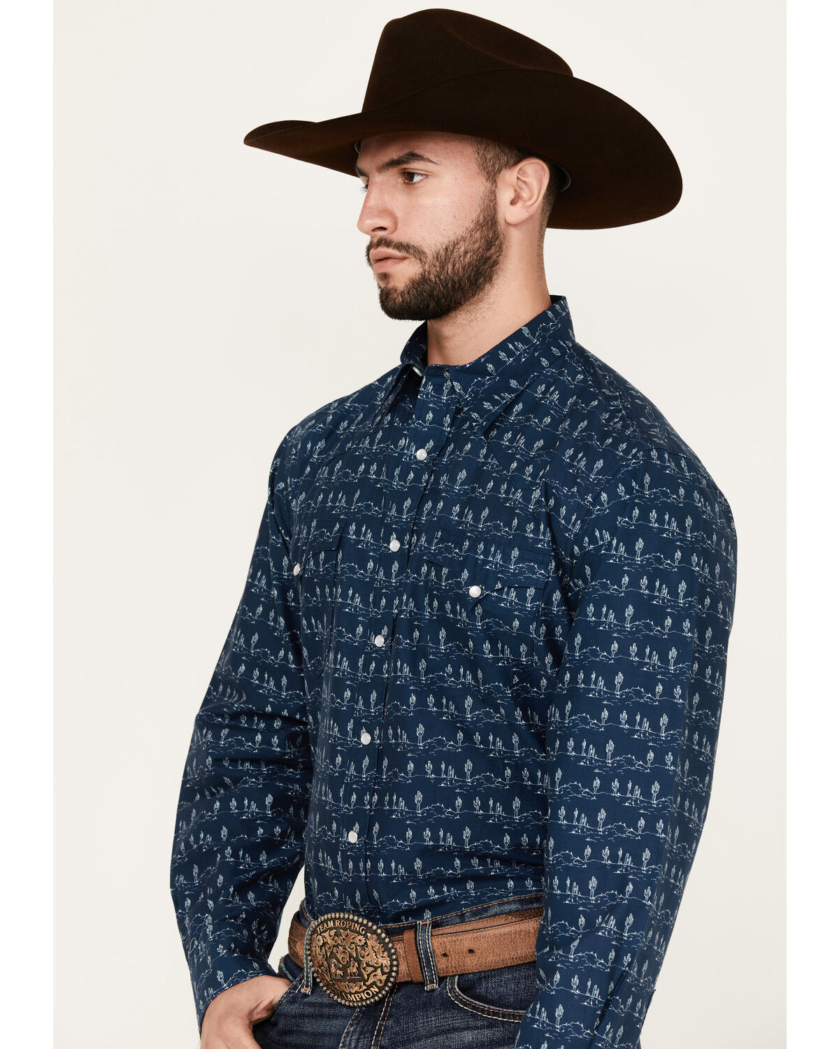 Image #2 - Roper Men's West Made Cactus Print Long Sleeve Pearl Snap Western Shirt, Dark Blue, hi-res