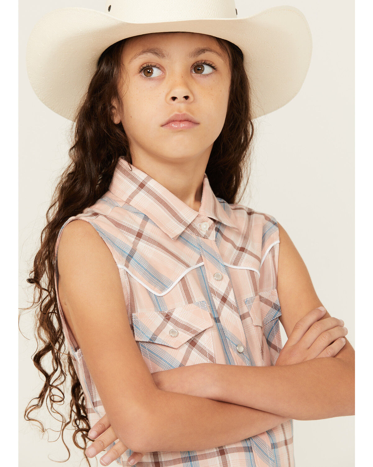 Image #2 - Cumberland Outfitters Girls' Plaid Print Sleeveless Pearl Snap Western Shirt, Peach, hi-res