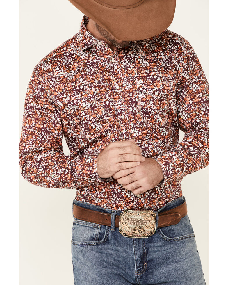 Wrangler 20X Men's Burgundy Floral Print Long Sleeve Snap Western Shirt , Burgundy, hi-res