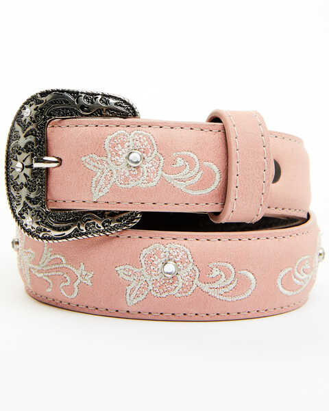 Shyanne Girls' Pink Floral & Crystal Rhinestone Leather Belt, Light Pink, hi-res