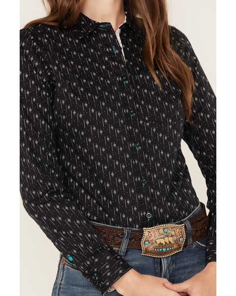 Image #3 - RANK 45® Women's Print Long Sleeve Stretch Snap Riding Shirt, Black, hi-res