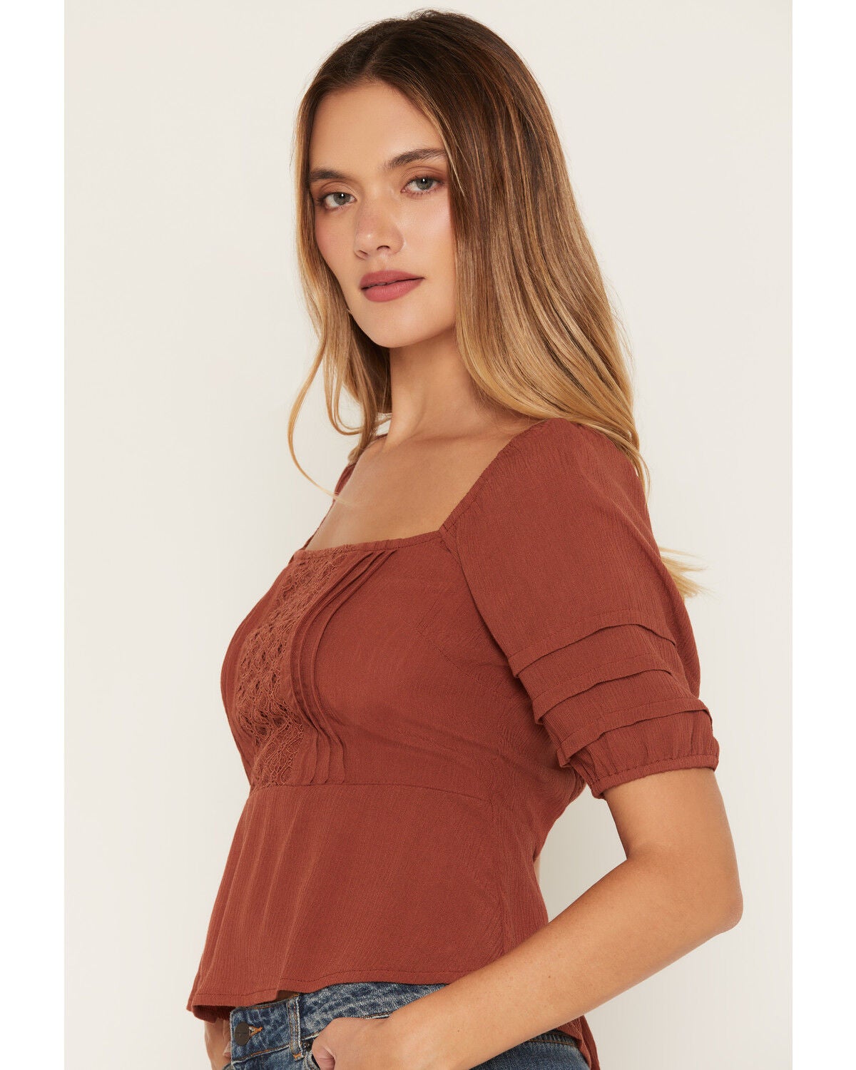 Image #2 - Lovestitch Women's Lace Front Short Sleeve Top, Rust Copper, hi-res
