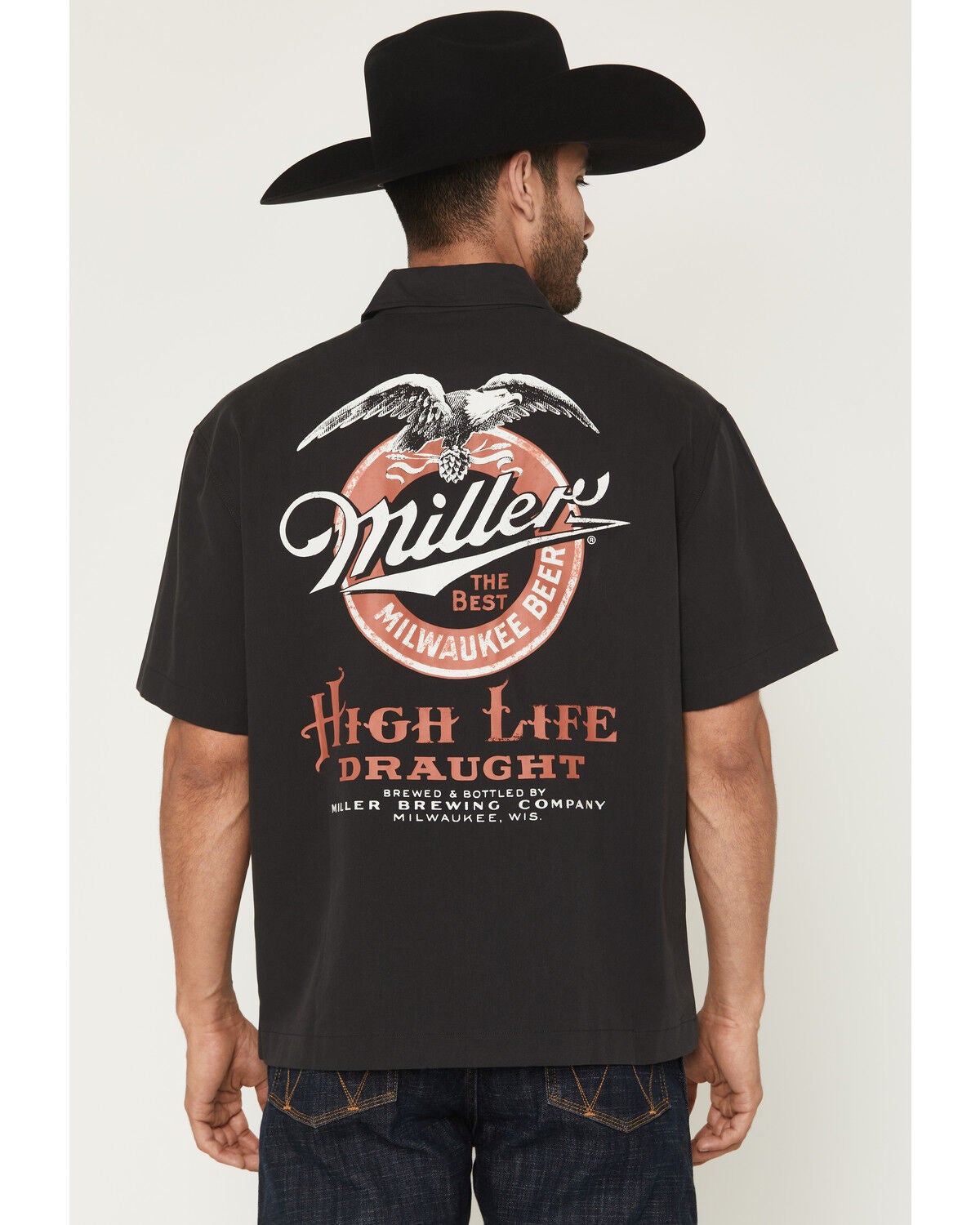 Miller Men's Boot Barn Exclusive Miller High Life Short Sleeve Button-Down Shirt, Black, hi-res