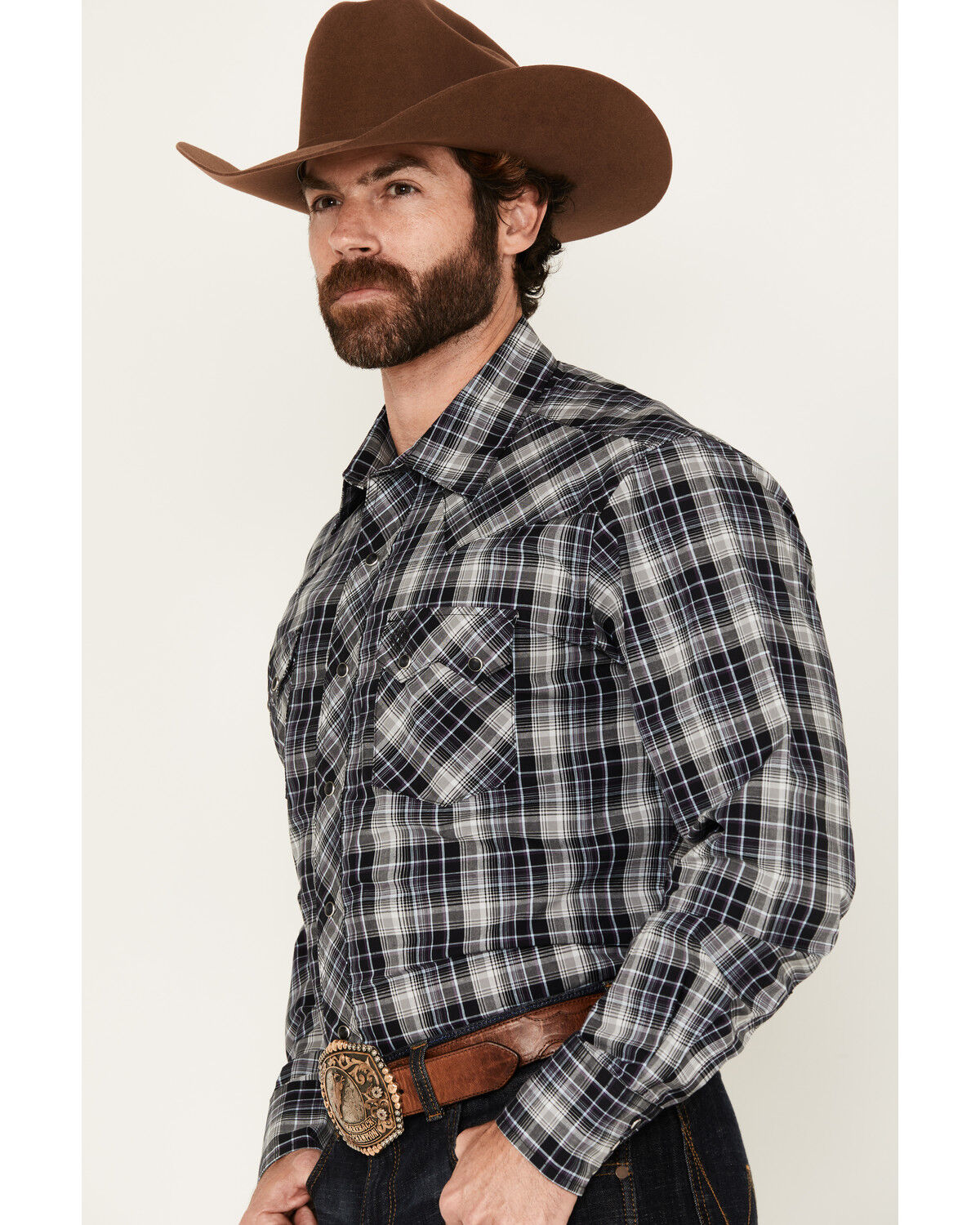 Image #2 - Wrangler Retro Men's Plaid Print Long Sleeve Snap Western Shirt, Black, hi-res