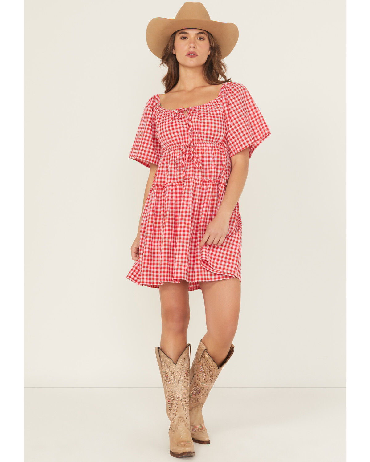 Image #1 - Blue B Women's Gingham Short Sleeve Tie-Front Mini Dress, Red, hi-res
