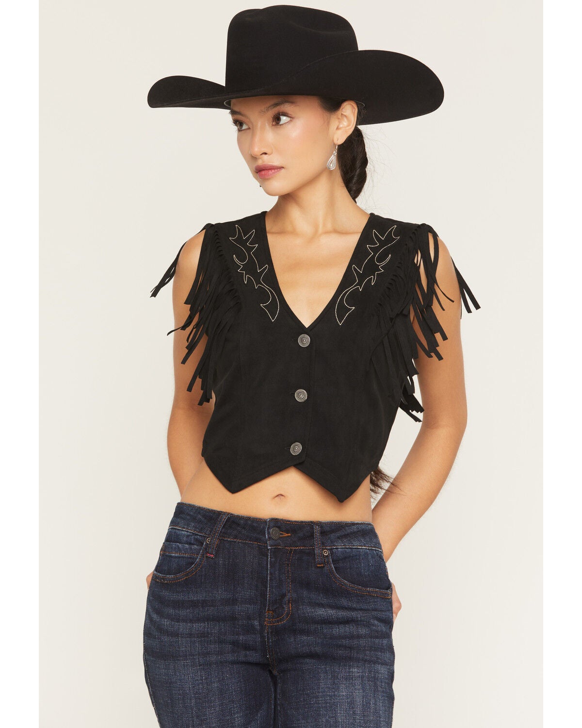 Idyllwind Women's Charlotte Faux Suede Fringe Button-Down Cropped Vest, Black, hi-res