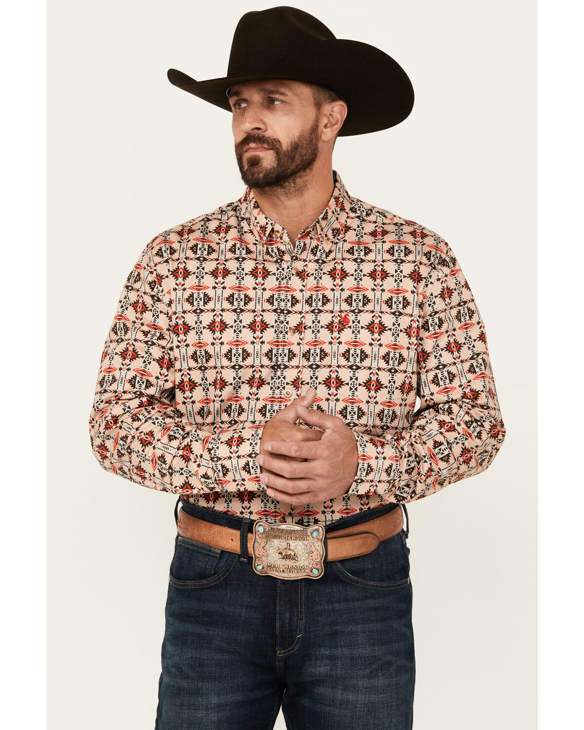 Image #1 - Rodeo Clothing Men's Southwestern Print Long Sleeve Snap Western Shirt, Tan, hi-res