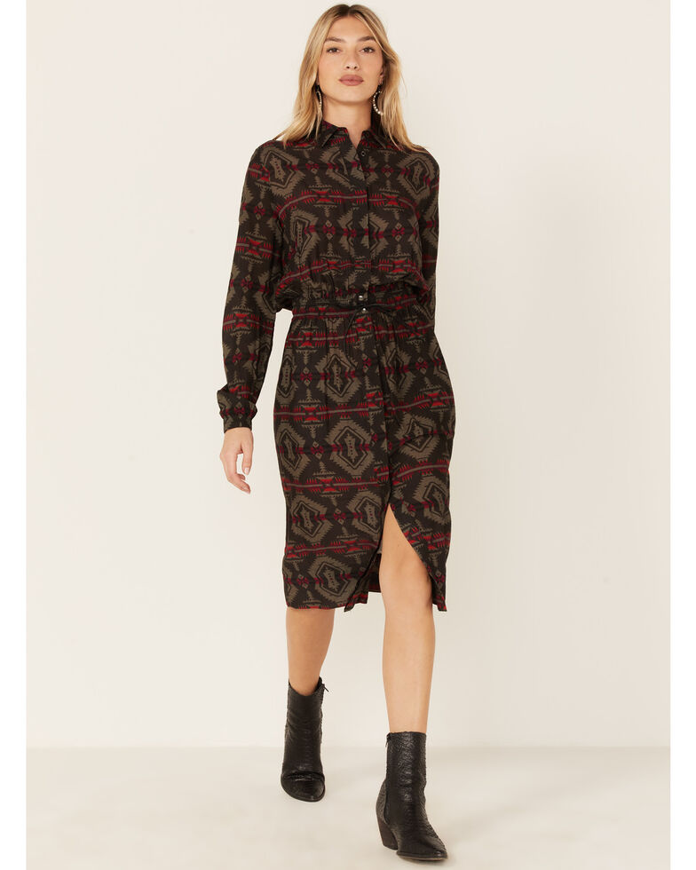 Stetson Women's Brown Southwestern Print Belted Dres, Brown, hi-res