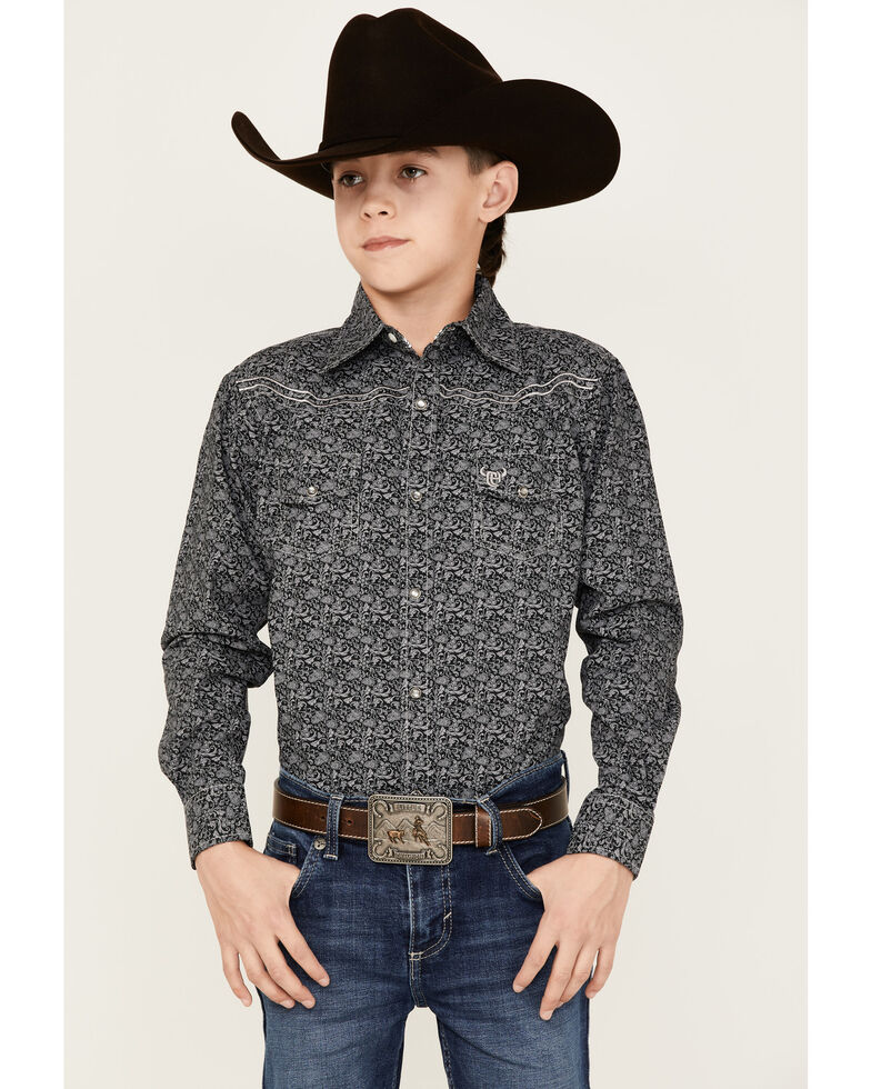 Cowboy Hardware Boys' Bramble Total Paisley Long Sleeve Snap Shirt, Black, hi-res