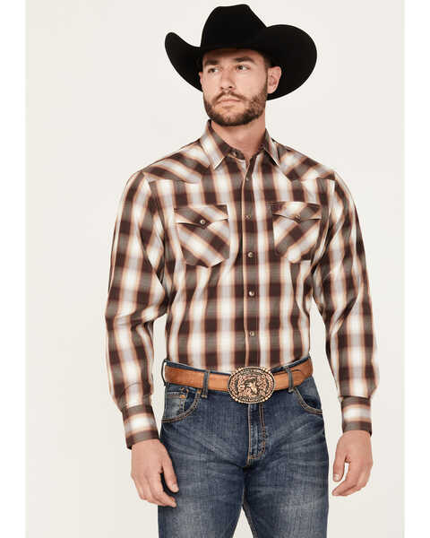 Image #1 - Rodeo Clothing Men's Plaid Print Long Sleeve Snap Western Shirt, Burgundy, hi-res