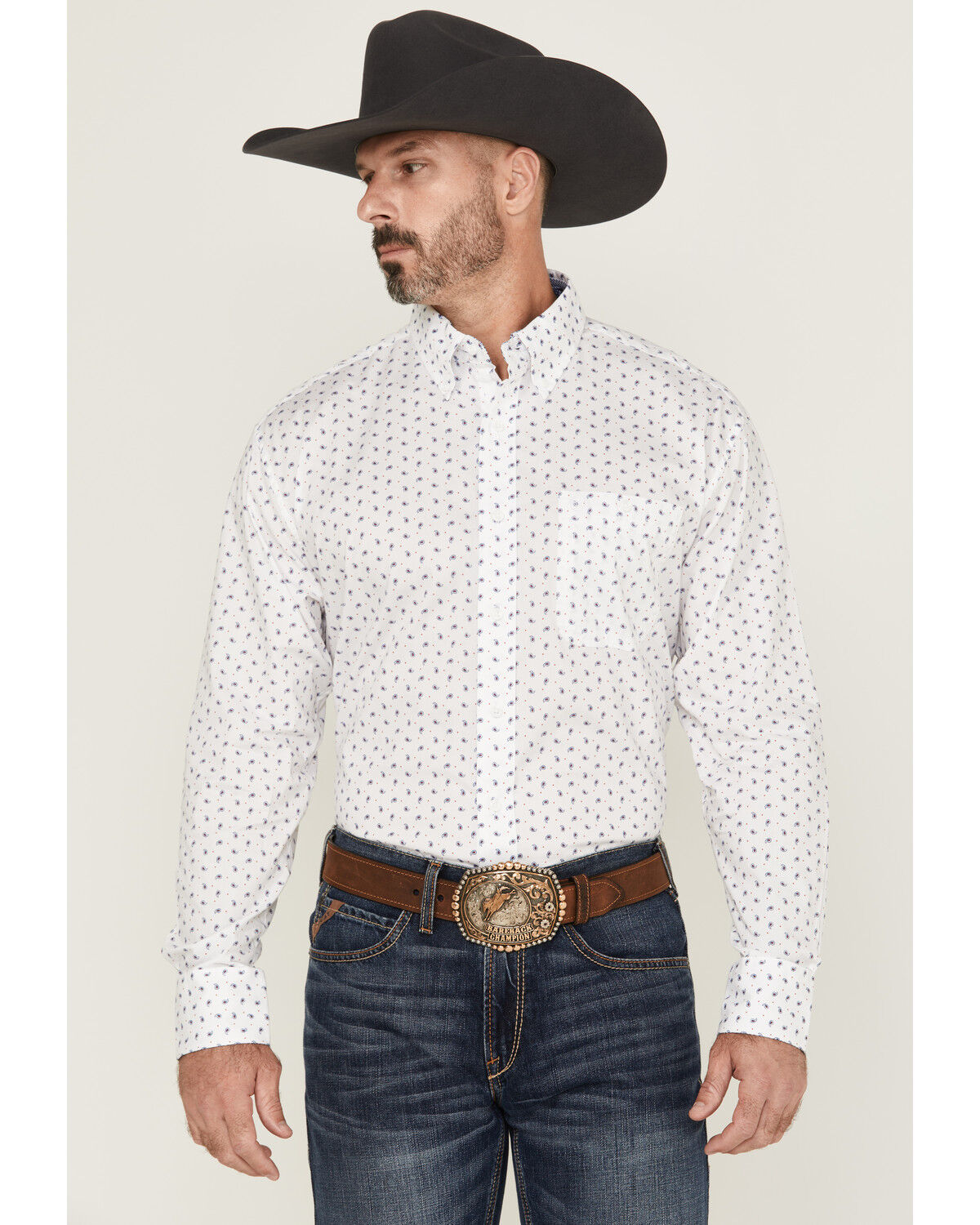 Image #1 - George Strait by Wrangler Men's Paisley Print Long Sleeve Button-Down Stretch Western Shirt, White, hi-res