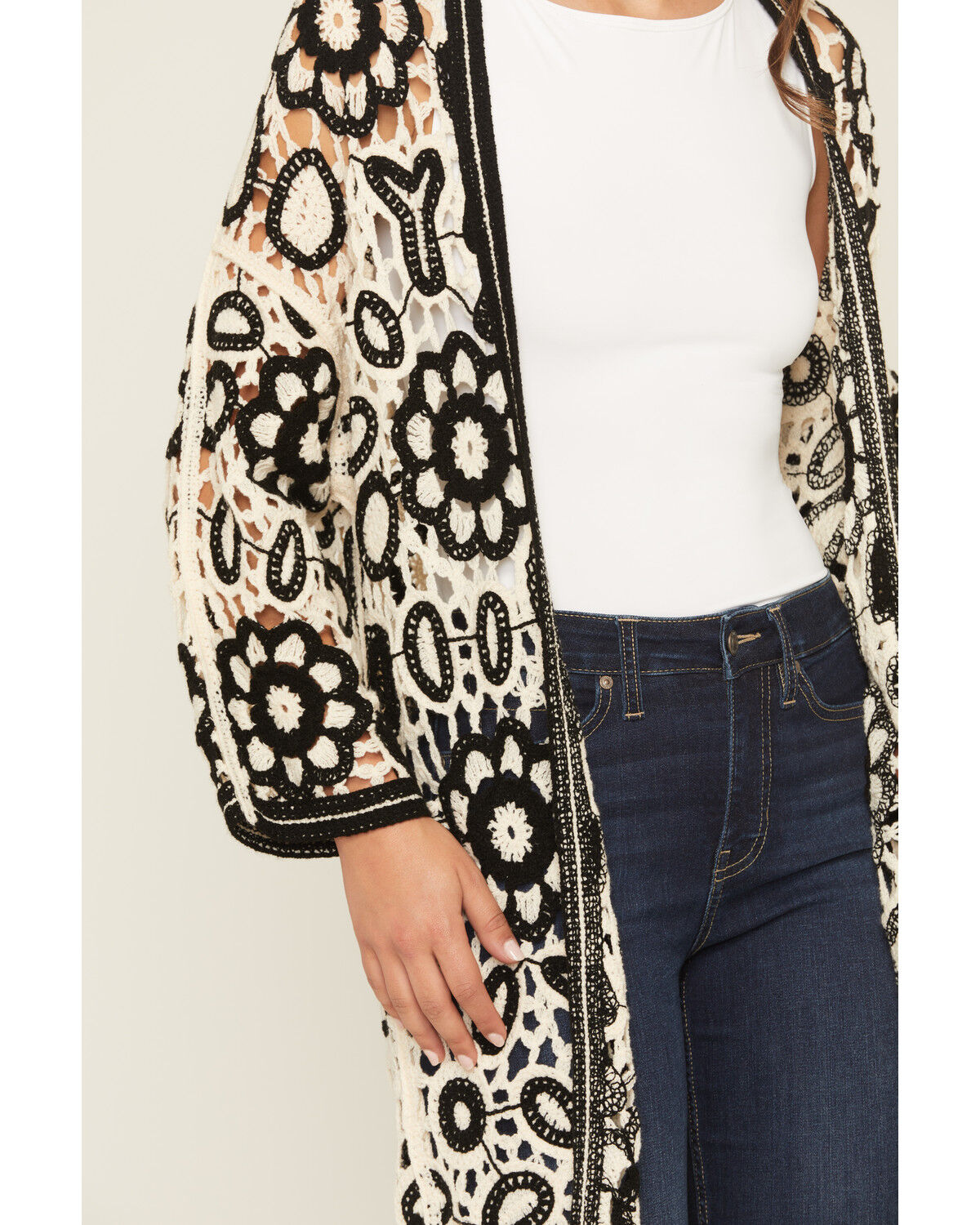 Image #3 - POL Women's Floral Crochet Long Sleeve Kimono, Black, hi-res
