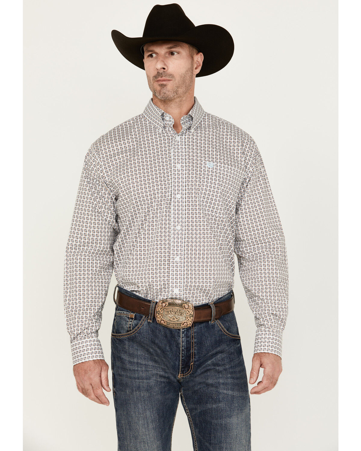 Image #1 - Cinch Men's Geo Print Long Sleeve Button-Down Stretch Western Shirt, White, hi-res