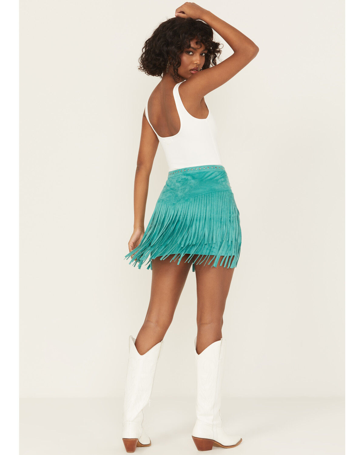 Image #3 - Rock & Roll Denim Women's Fringe Studded Faux Suede Mini Skirt, , hi-res